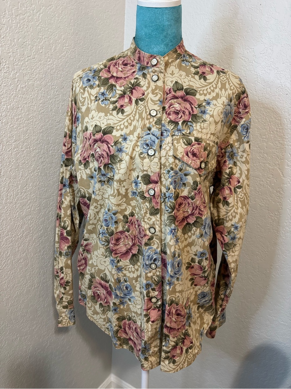 VTG Liz Wear Rose Floral Damask Prairie Blouse M